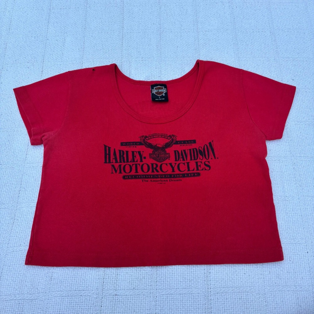 Women's Large HARLEY DAVIDSON Motorcycles Vintage 1997 Red Cotton‎ Logo Crop Top
